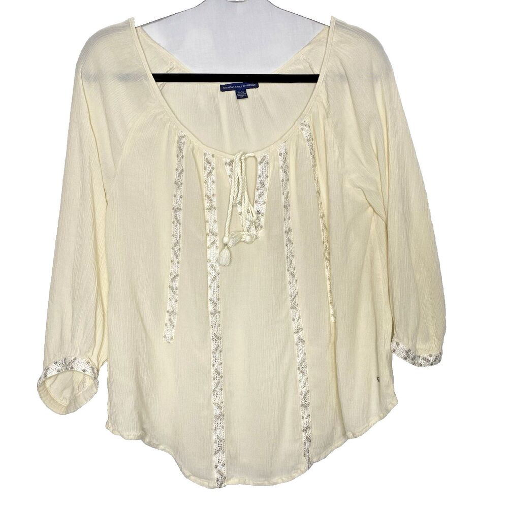 American Eagle Embroidered Blouse Women M Tassel Tie Scoop Neck 3/4 Sleeve Cream